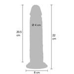 Grå silikondildo med realistisk design, bevegelig forhud, 22 cm lengde og 4 cm diameter.