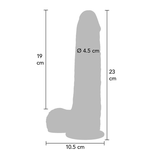 Grå silikondildo med bevegelig forhud, baller, sugekopp, 23 cm total lengde, 4.5 cm diameter.