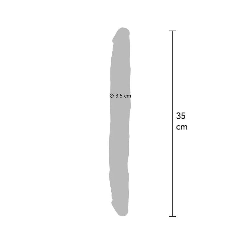 Grå, realistisk dobbeldildo i PVC, 35 cm lang med 3,5 cm diameter.