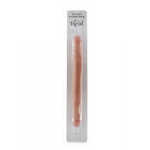 Realistisk, hudfarget 35 cm dobbel dildo i PVC med åretekstur, i forpakning.