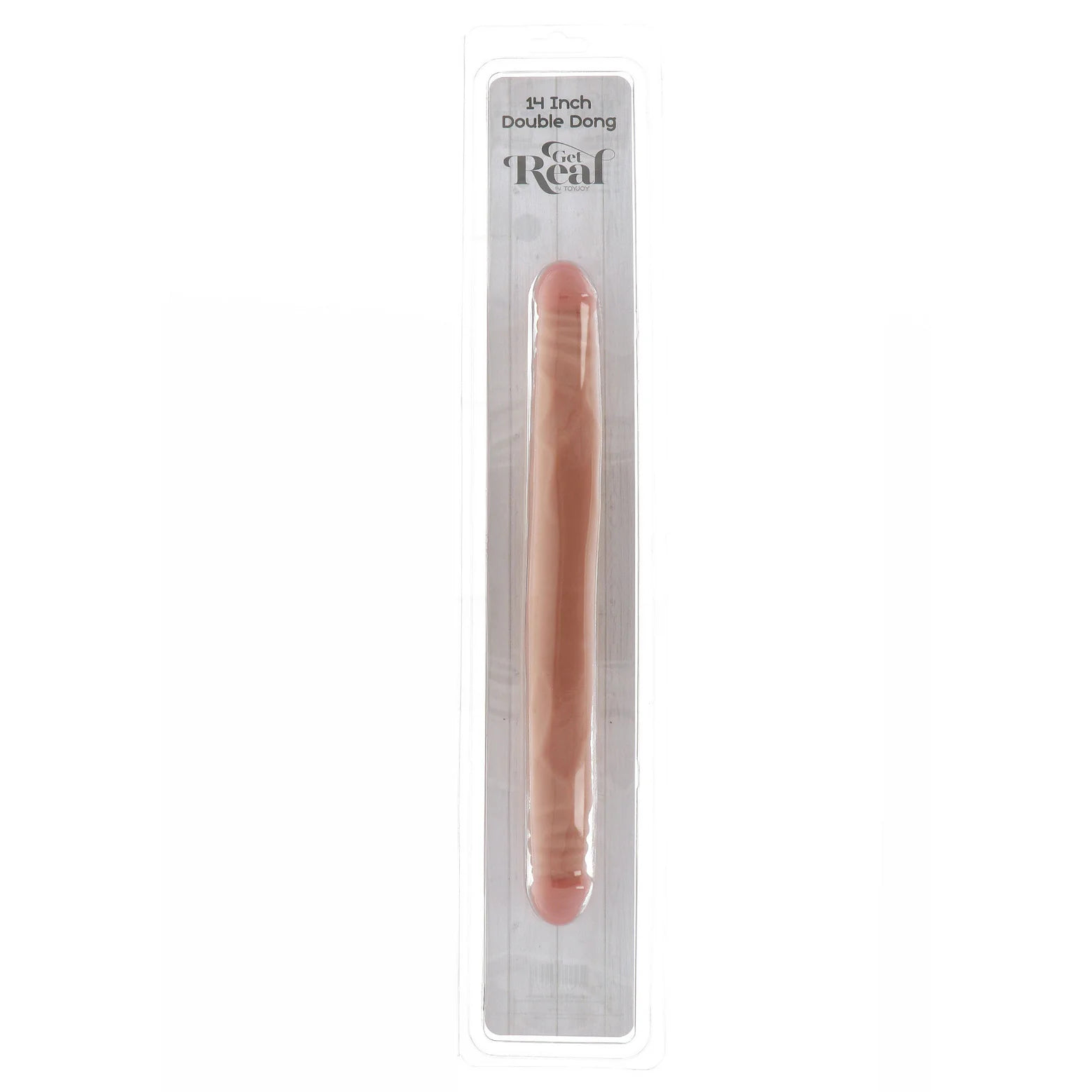Realistisk, hudfarget 35 cm dobbel dildo i PVC med åretekstur, i forpakning.