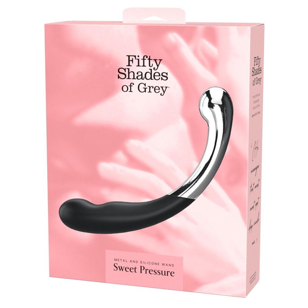 Fifty Shades of Grey Sweet Pressure dobbeldildo i svart silikon og skinnende metall, vist i rosa eske.