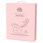 Fifty Shades of Grey Sweet Pressure dobbeltdildo i rosa eske, viser silikon- og metalldesign.