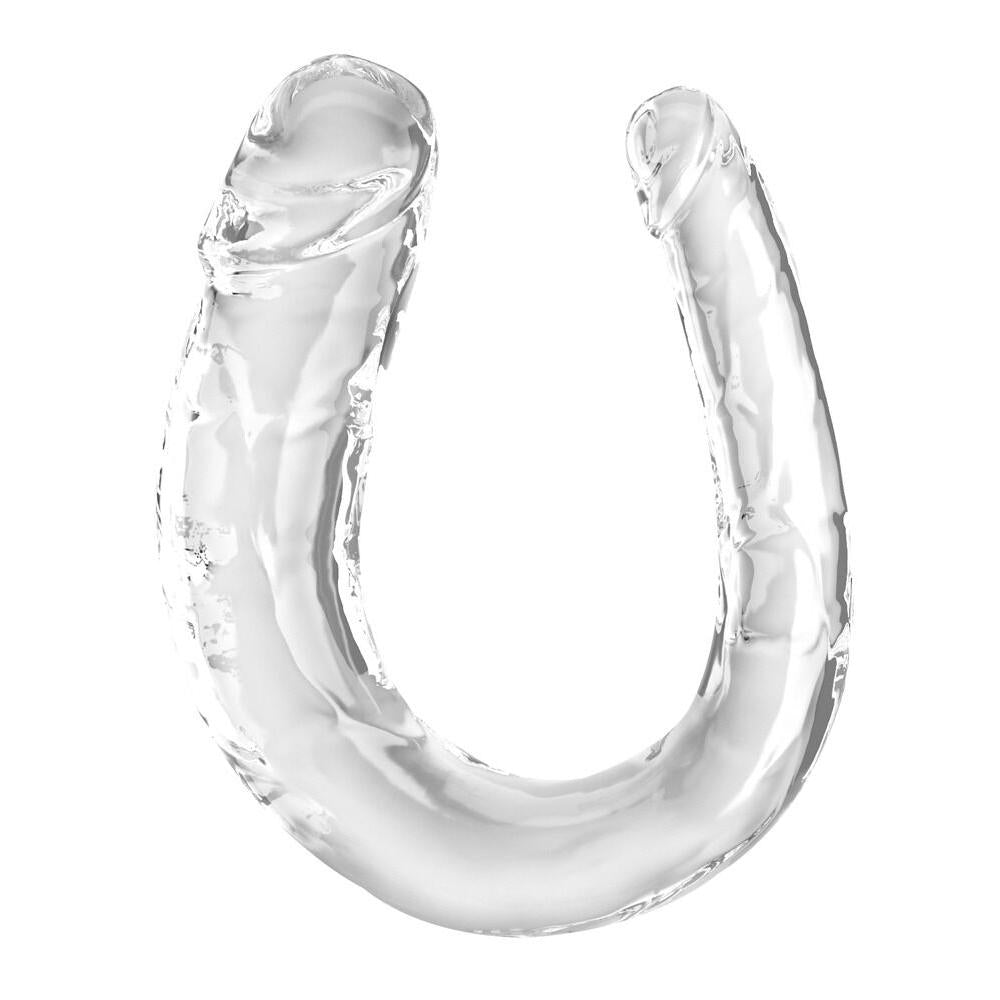 Gjennomsiktig, fleksibel dobbeltdildo på 33 cm med realistisk penisform og åretekstur i begge ender.