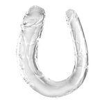 Gjennomsiktig, fleksibel dobbeltdildo på 33 cm med realistisk penisform og åretekstur i begge ender.