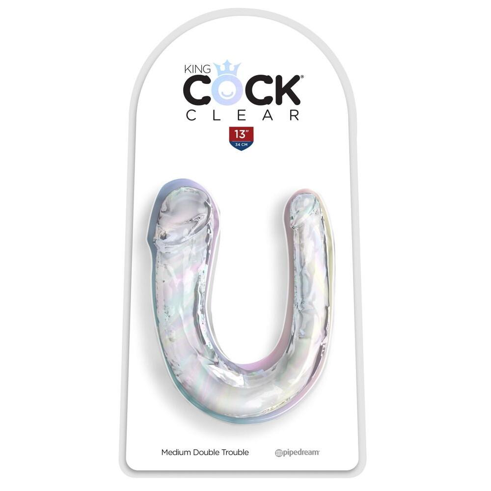 Gjennomsiktig, fleksibel U-formet dobbeltdildo med realistisk tekstur, 33 cm lang.