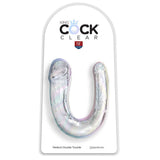 Gjennomsiktig, fleksibel U-formet dobbeltdildo med realistisk tekstur, 33 cm lang.
