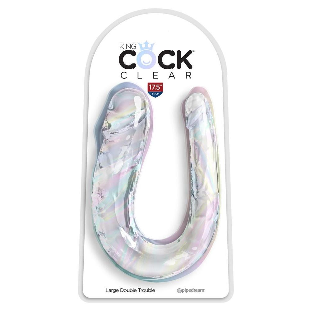 Gjennomsiktig, 44 cm King Cock Clear dobbeltdildo i TPE med realistiske årer og to hoder, i emballasje.