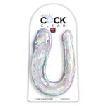 Gjennomsiktig, 44 cm King Cock Clear dobbeltdildo i TPE med realistiske årer og to hoder, i emballasje.