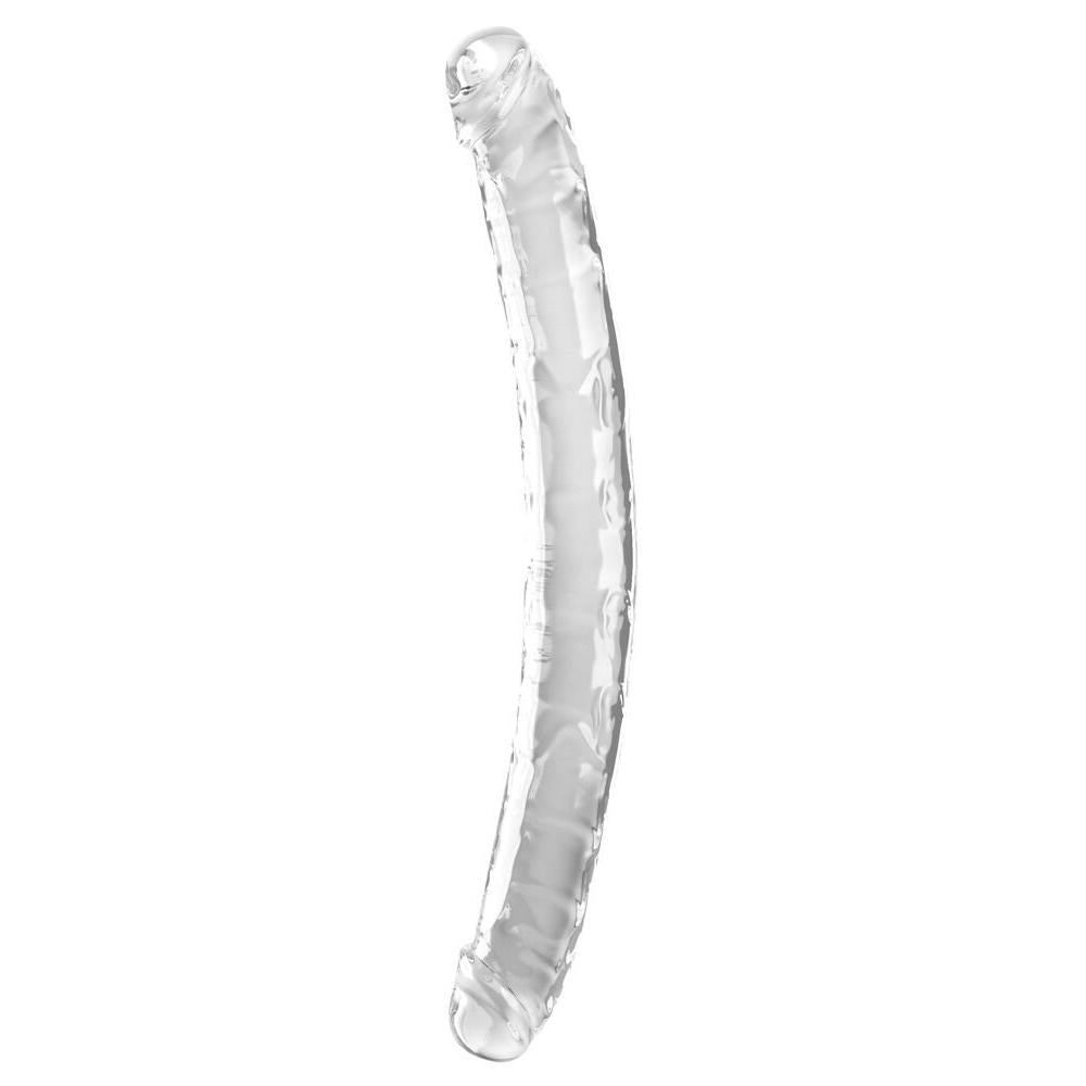 Gjennomsiktig, fleksibel dobbeltdildo i TPE, 46 cm lang med årer og markerte hoder.