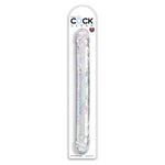 Gjennomsiktig, 46 cm King Cock Clear dobbeltdildo i TPE med årer og markerte hoder, i emballasje.