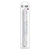 Gjennomsiktig, 46 cm King Cock Clear dobbeltdildo i TPE med årer og markerte hoder, i emballasje.