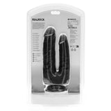 Sort RealRock Double Trouble dobbel dildo i PVC, 12,7 og 15,2 cm, med sugekopp, i emballasje.