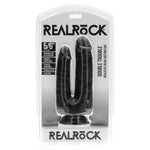 Svart RealRock Double Trouble dobbel dildo med realistisk tekstur og sugekopp, i klar emballasje.