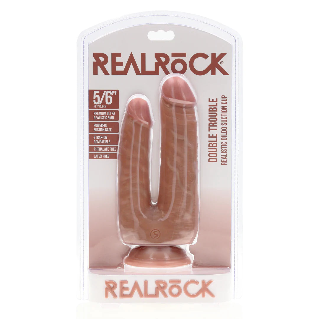 RealRock Double Trouble dobbeldildo i tan, 12,7 og 15,2 cm, med realistiske årer og sugekoppbase.