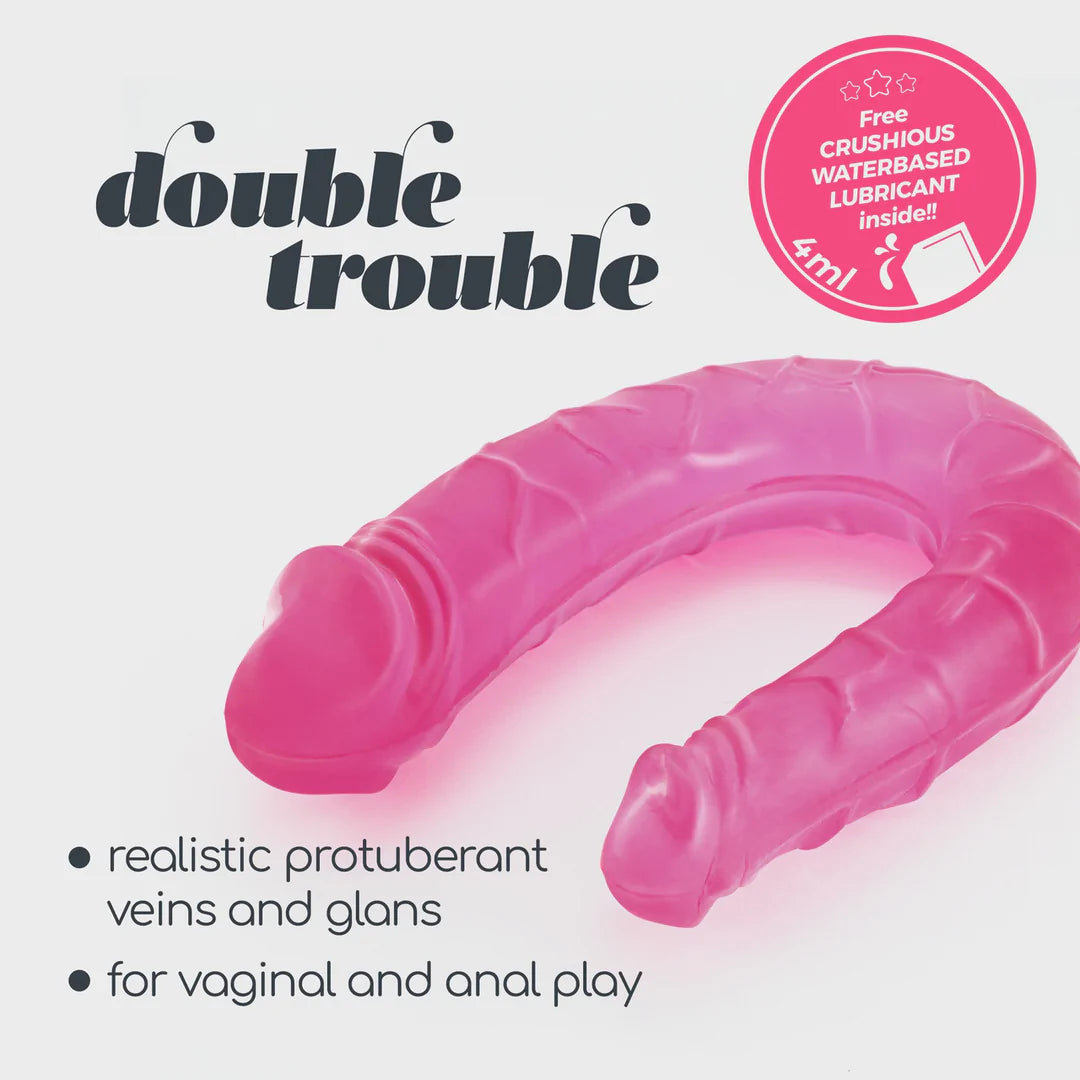 Rosa, fleksibel dobbeltdildo med realistiske årer og tupper, 27 cm.