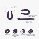 Lilla dobbeldildo, 27 cm lang, med to tupper, u-formet og fleksibel, laget av myk gummi.