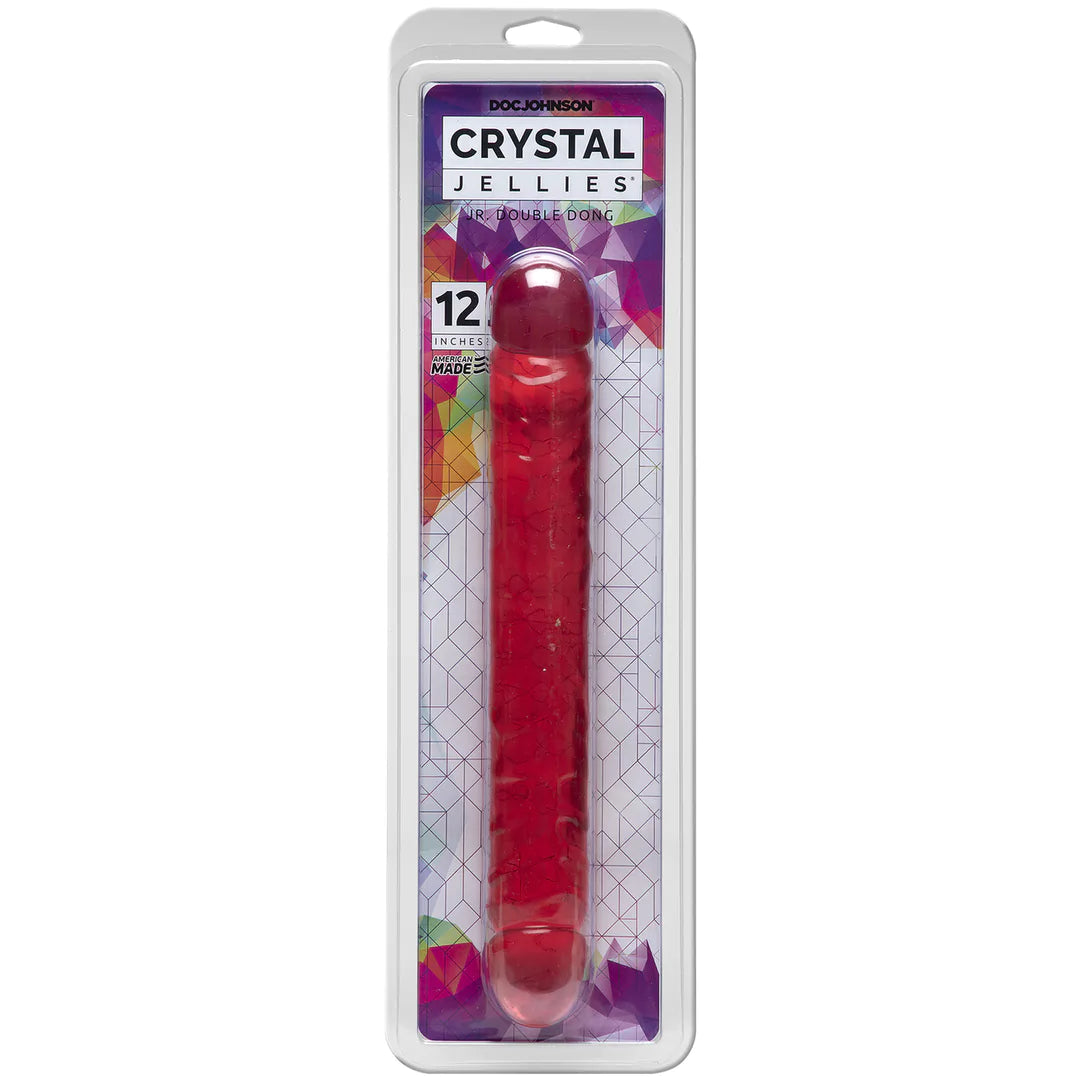 Rosa Doc Johnson Crystal Jellies Jr. Double Dong dobbeldildo, 30 cm, i gjennomsiktig emballasje.