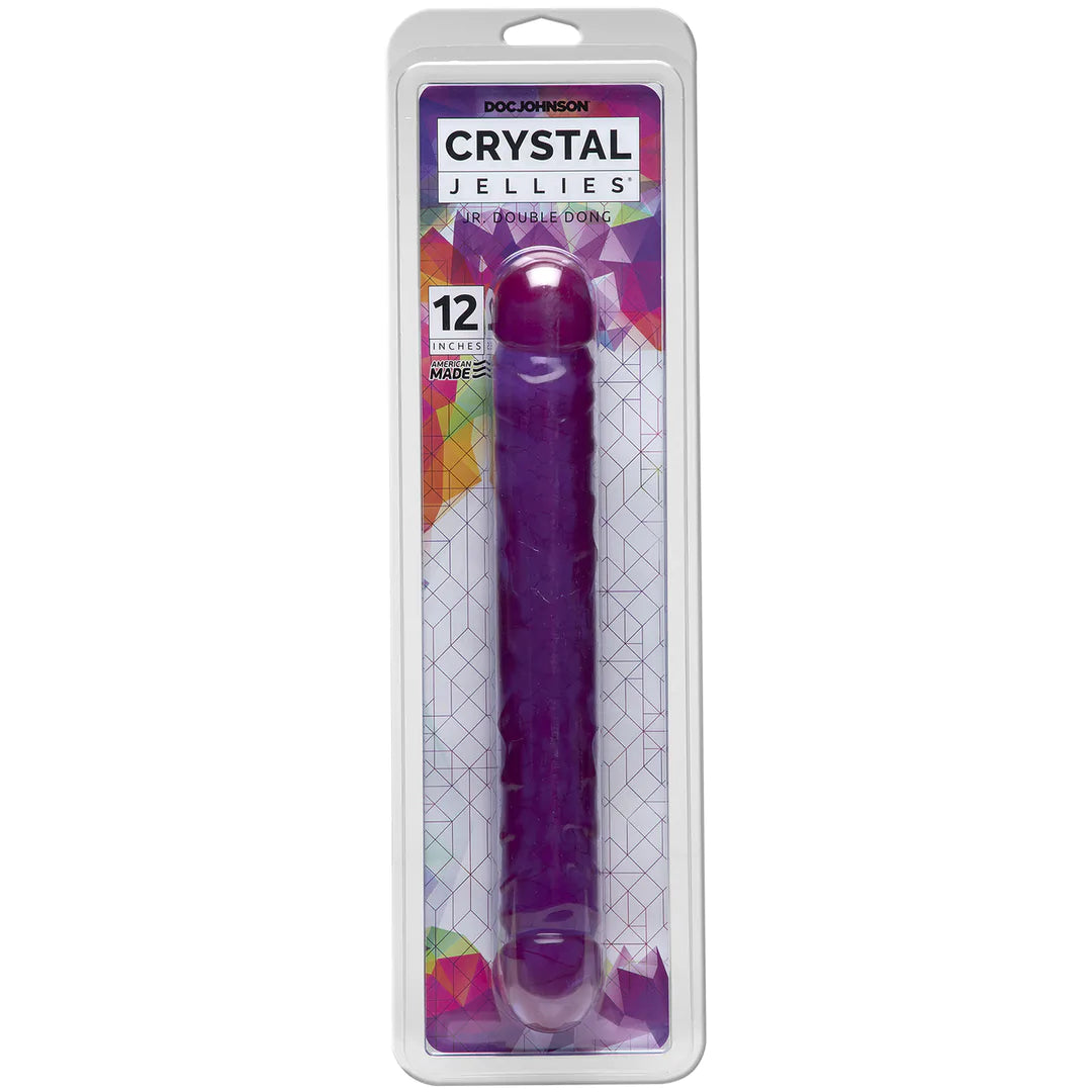Doc Johnson Crystal Jellies Jr. Double Dong dobbel dildo i lilla, 30 cm, i blisterpakning.