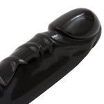 Sort, glinsende dobbeldildo med to markerte hoder og åretegnede detaljer, laget av PVC.