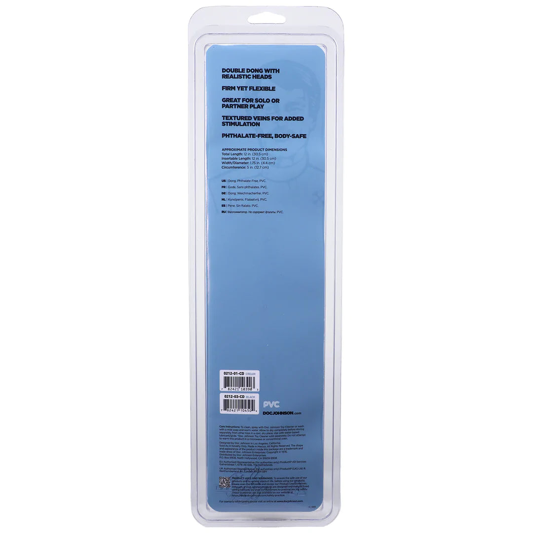 Sort, åretegnet dobbeldildo i PVC, 30 cm, med to markerte hoder i blisterpakning.