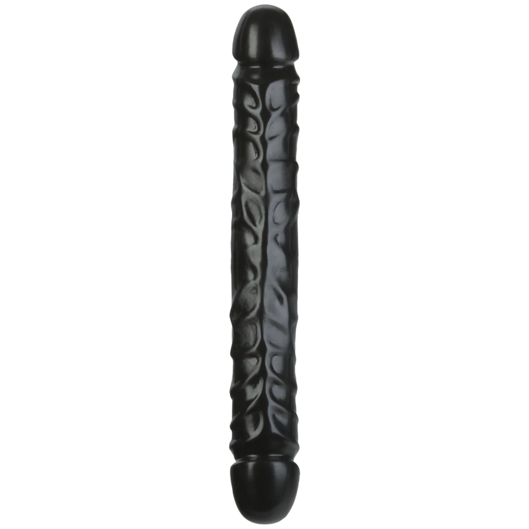 Sort, åretegnet dobbeldildo i PVC, 30 cm lang, med to markerte hoder.