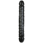 Sort, åretegnet dobbeldildo i PVC, 30 cm lang, med to markerte hoder.