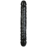 Sort, åretegnet dobbeldildo i PVC, 30 cm lang, med to markerte hoder.