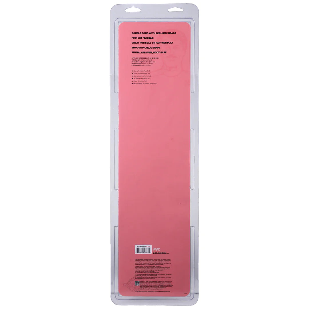 Baksiden av en Dobbeldildo Smooth Double Header i rosa PVC, 45 cm lang, med produktinformasjon.