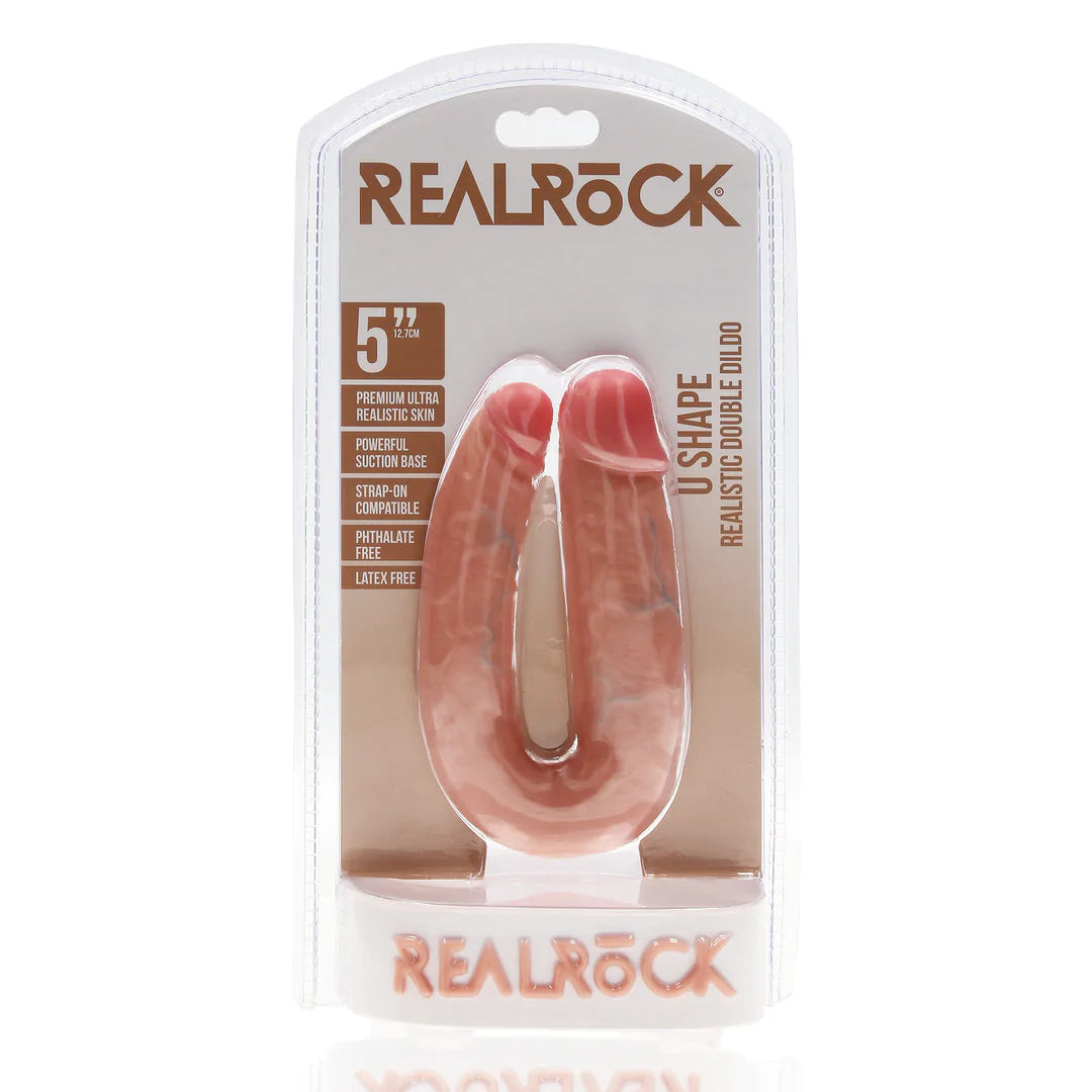Kjøttfarget, U-formet dobbeldildo fra RealRock, 12,7 cm, i realistisk design med årer.