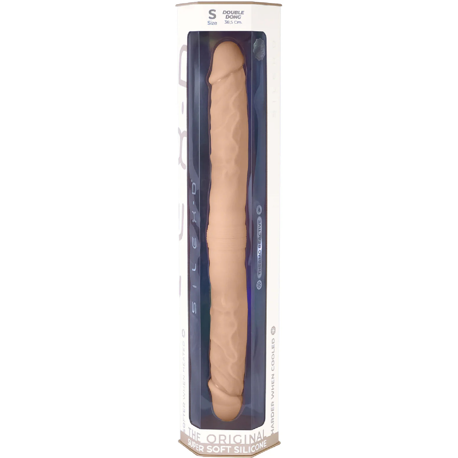 Beige Silex-D dobbel dildo i myk silikon, 38,5 cm, med realistisk penisform i hver ende.