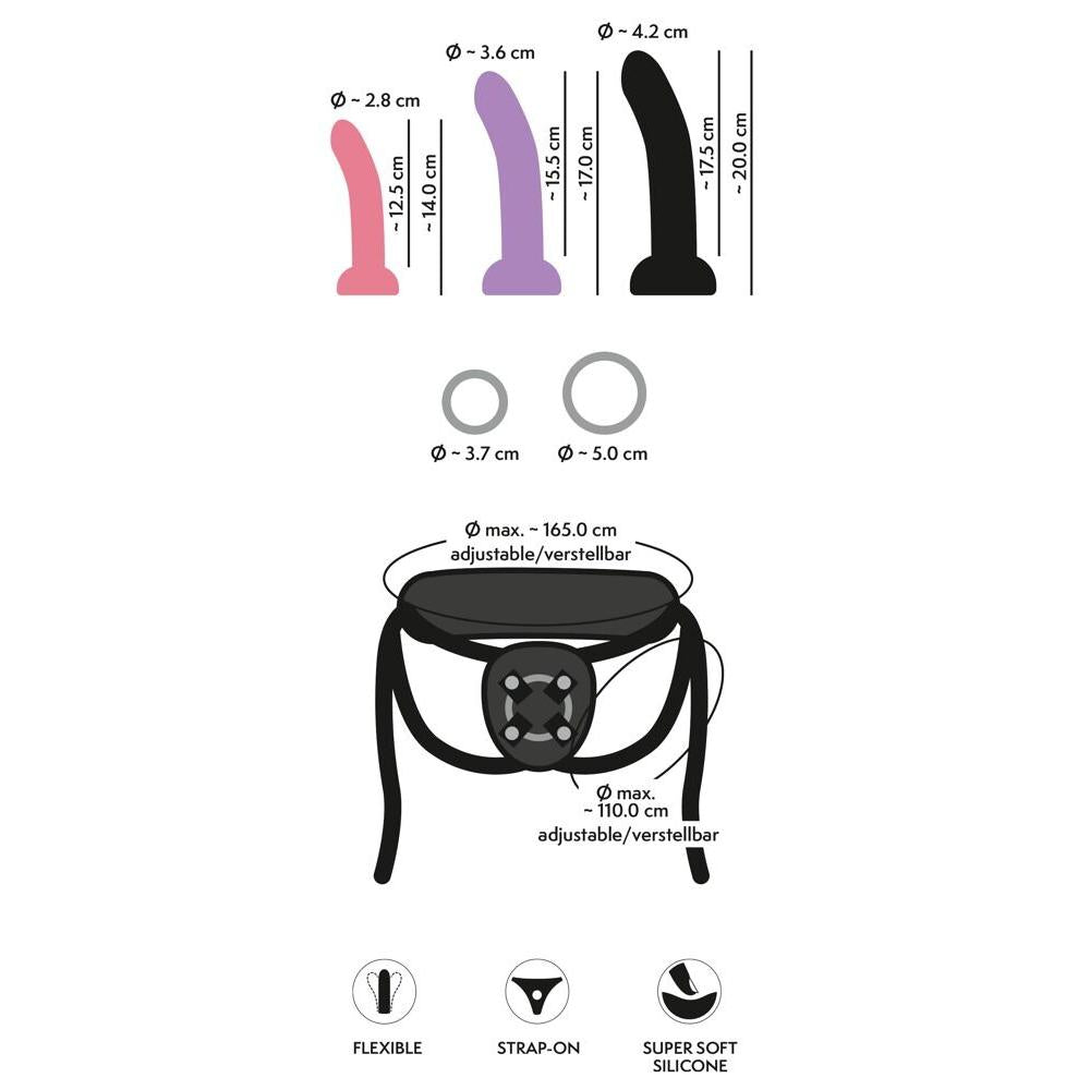 4-delt Strap-On Set med Harness og 3 Utbyttbare Dildoer