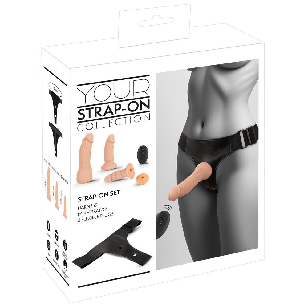 4-delt Strap-On Set med String, RC-Vibrator og 2 Dildoer