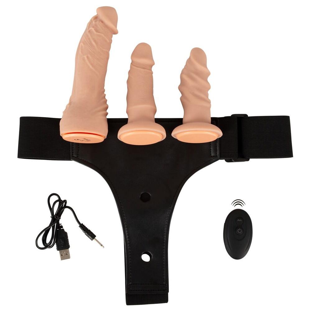 4-delt Strap-On Set med String, RC-Vibrator og 2 Dildoer