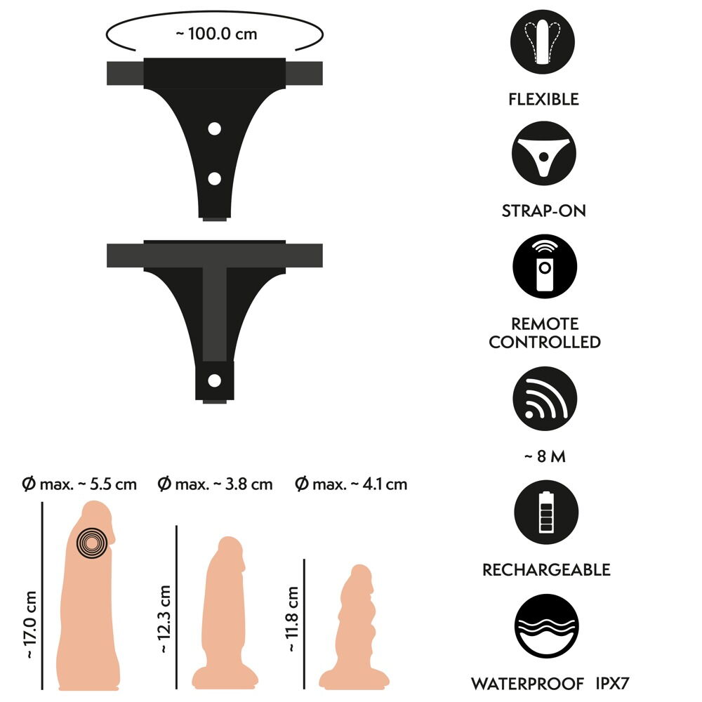 4-delt Strap-On Set med String, RC-Vibrator og 2 Dildoer