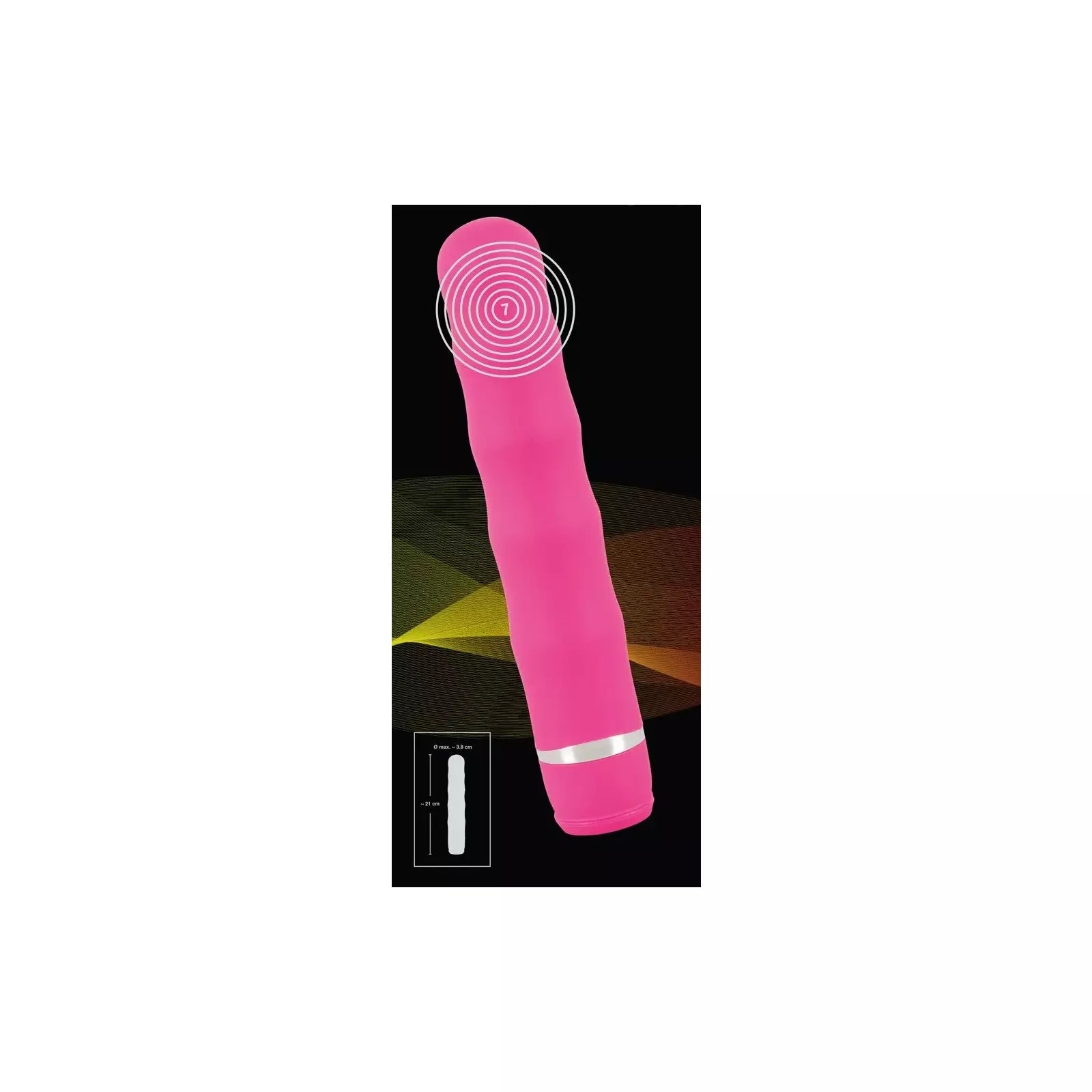 Rosa vibrator med bølgeskaft og sølvfarget ring, viser 7 vibrasjonsmoduser.