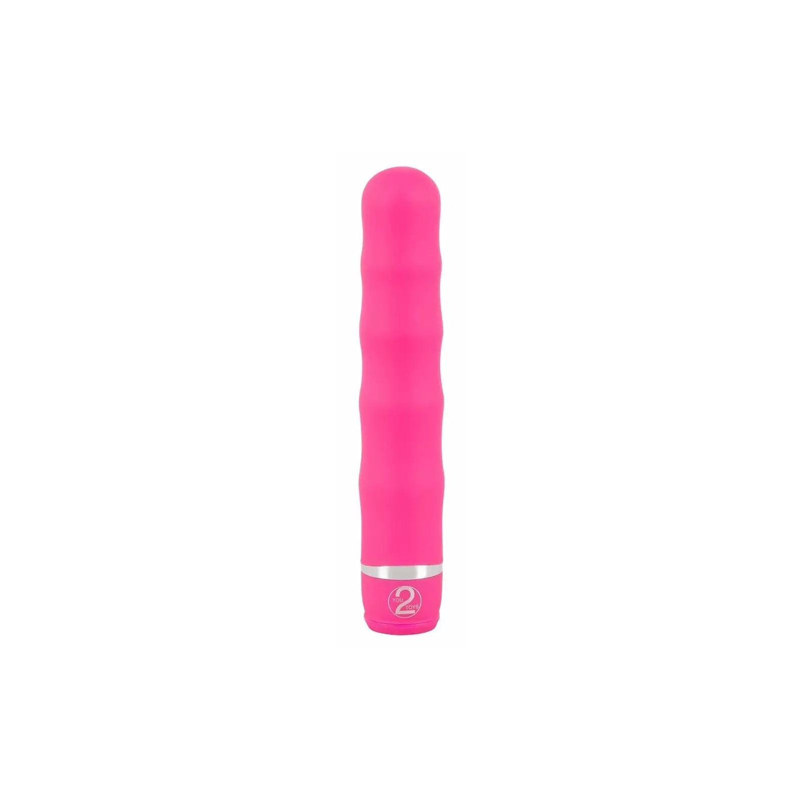 Rosa vibrator med bølgeskaft og sølvfarget base med "2" logo.