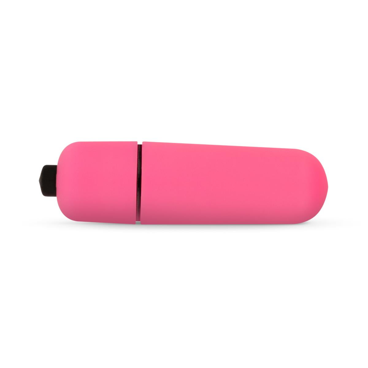 Liten, rosa vibrerende bullet-vibrator med svart knapp, klar til bruk.