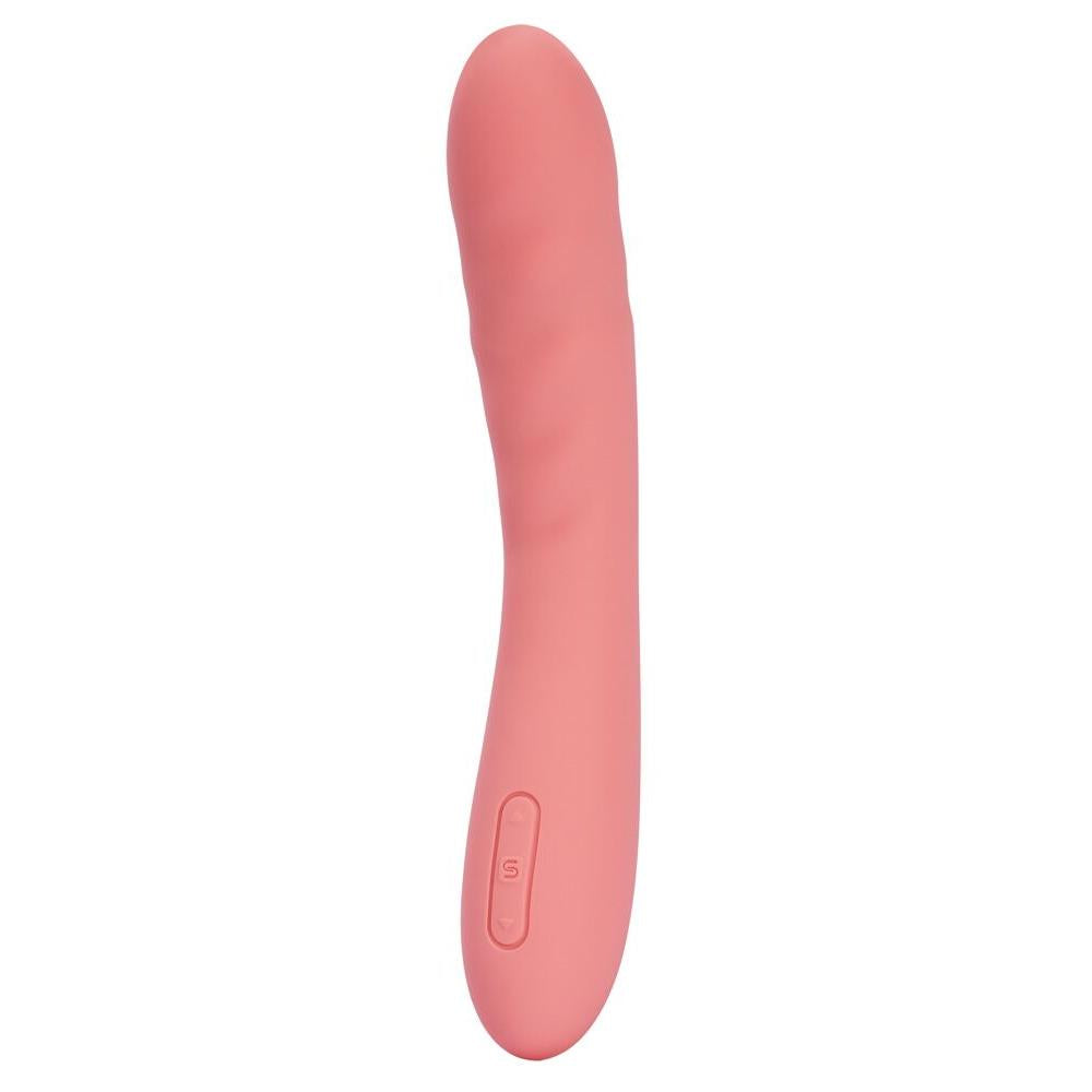 Ava Neo støtvibrator i rosa, kroppssikker silikon med slank, buet design og kontrollknapper.