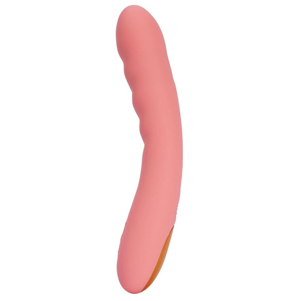 Ava Neo støtvibrator i rosa silikon med buet form og gullfarget base.