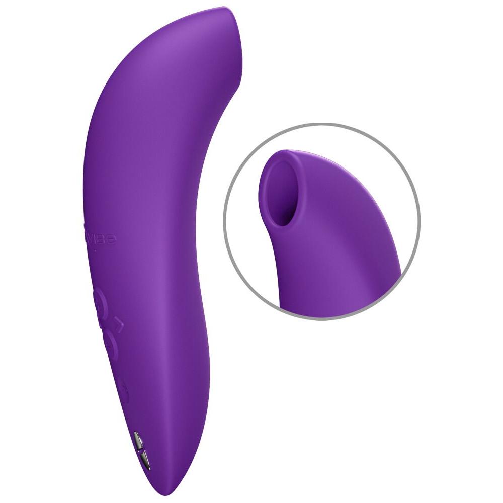 Lilla We-Vibe Melt 2 lufttrykksvibrator i silikon med ergonomisk design og detaljert bilde av munnstykket.