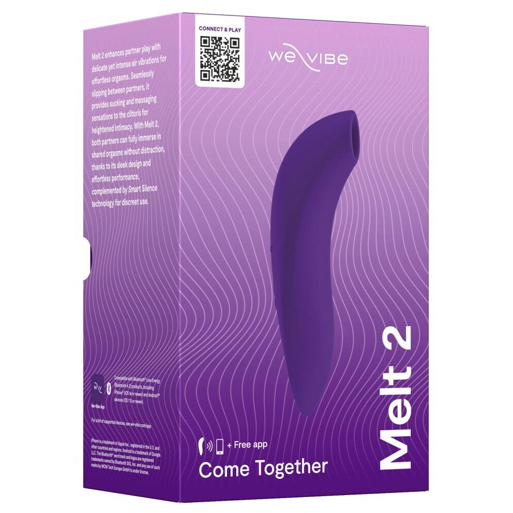 Lilla We-Vibe Melt 2 lufttrykksvibrator i sin emballasje, med produktnavn og funksjoner.