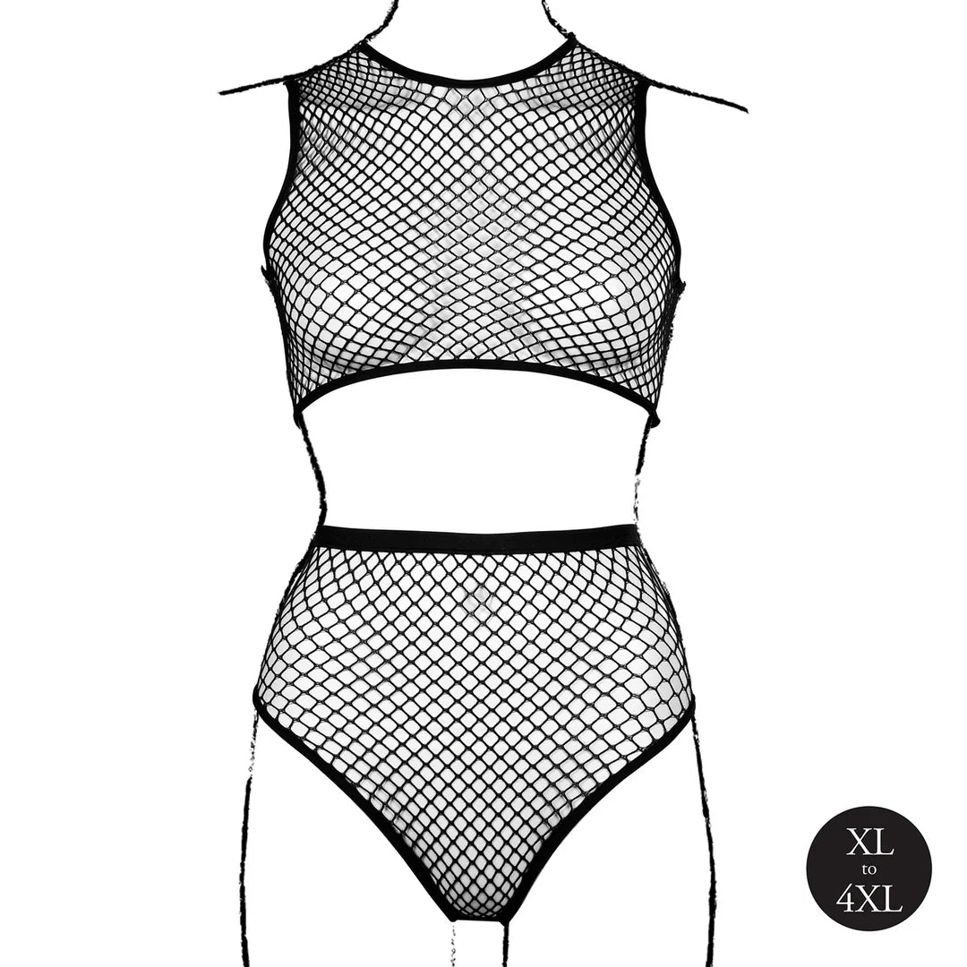 2-delt fishnet-undertøysett med crop top og truse – plus size