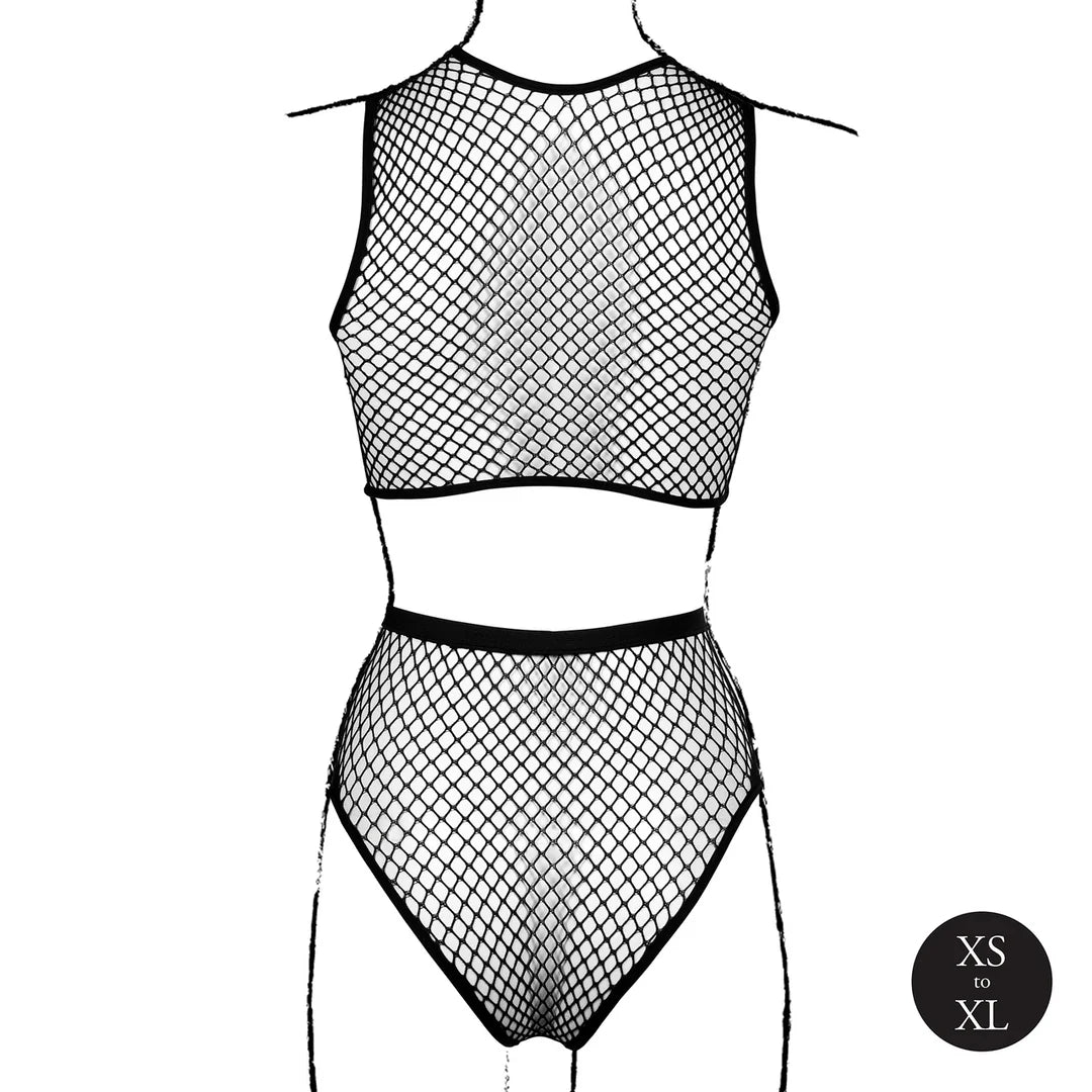 2-delt fishnet-undertøysett med crop top og truse – sort