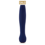 Mørkeblå, fleksibel Baelii G-punkt vibrator i silikon med buet tupp og salgsmerke.