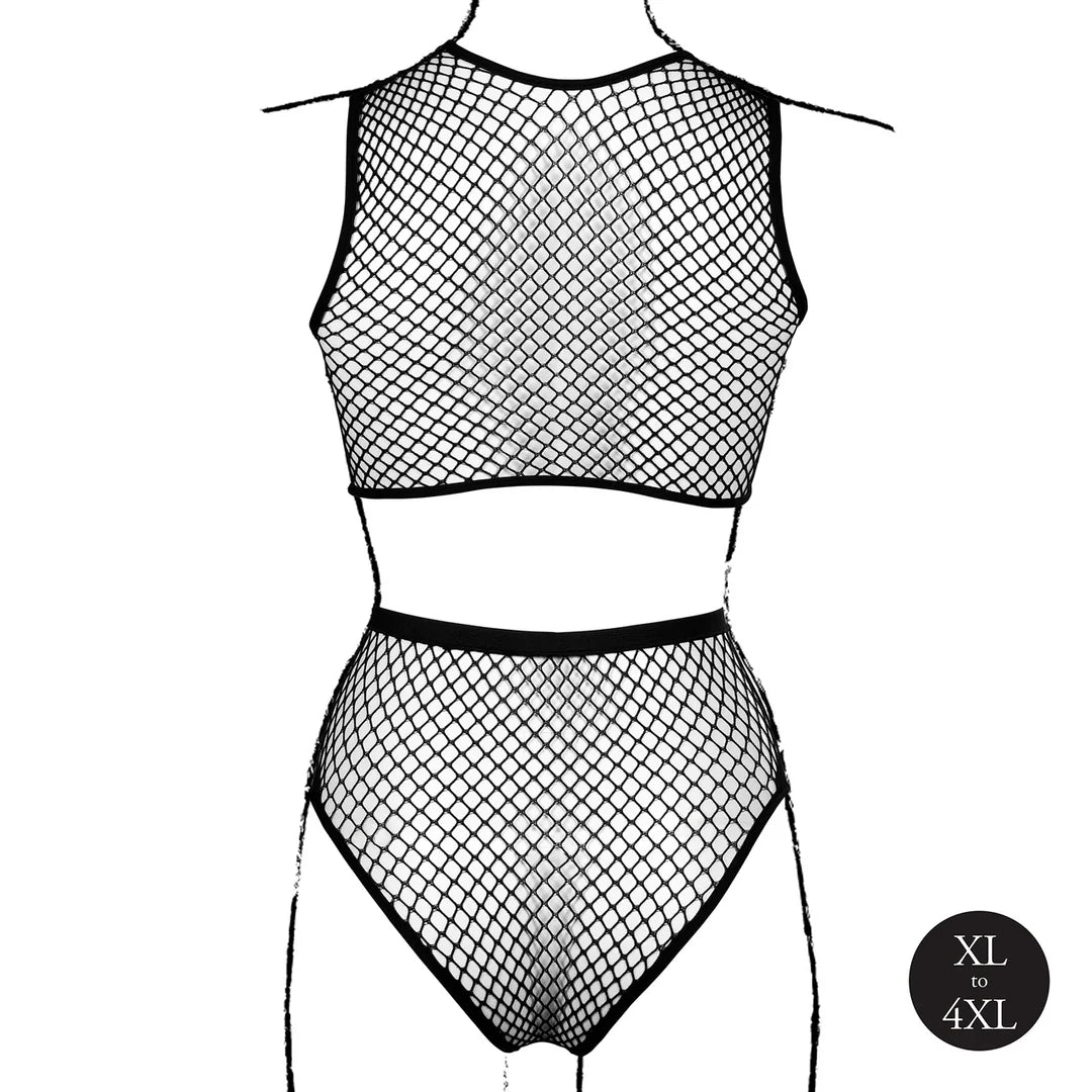 2-delt fishnet-undertøysett med crop top og truse – plus size