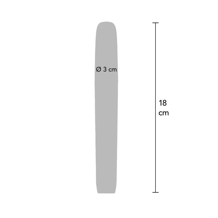 Teknisk illustrasjon av Mae B ladyshaver med mål: 18 cm lengde og 3 cm diameter.