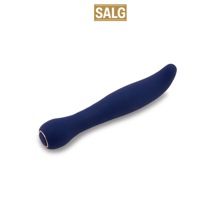 Mørkeblå, fleksibel Baelii Power Flex G-punkt vibrator med buet tupp og gullfarget base.
