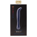 Mørkeblå, fleksibel Baelii Power Flex G-punkt vibrator i silikon med buet tupp, vist i svart emballasje.