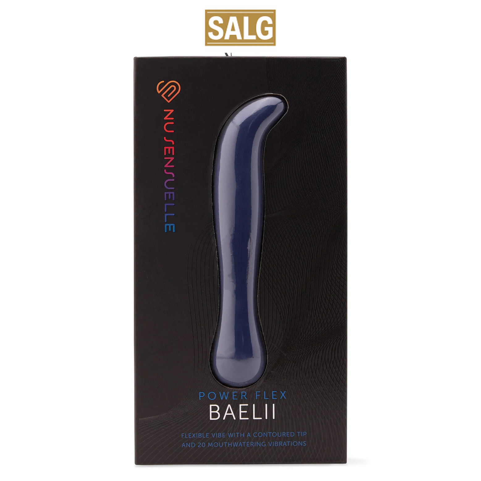 Mørkeblå, fleksibel Baelii Power Flex G-punkt vibrator i silikon med buet tupp, vist i svart emballasje.
